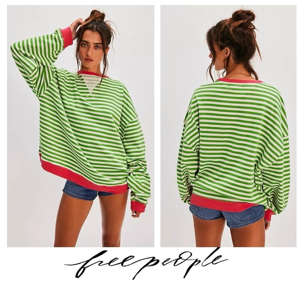 Free People Classic Striped Oversized Crewneck in Pink Clover Combo Large